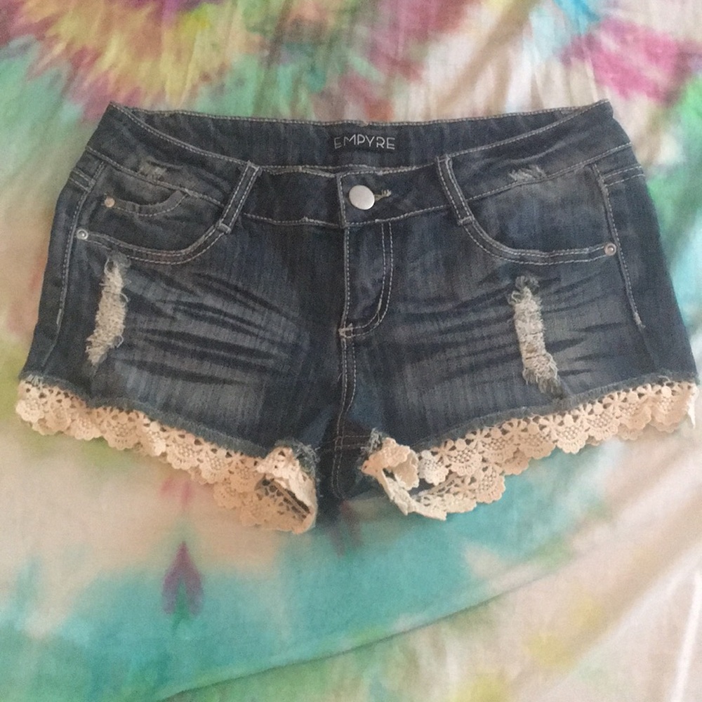 Empyre dark denim short shorts crochet detailing 9